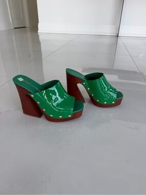 Dolce & Gabbana Emerald Green Patent Leather Platform Clogs with Wood-Look Heel.